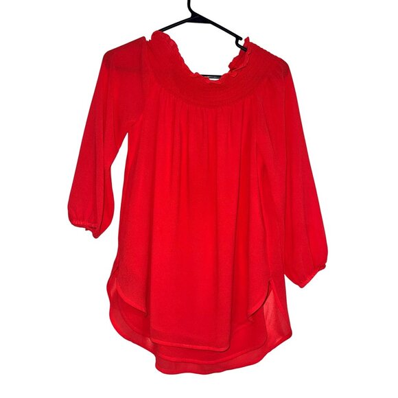 Michael Michael Kors Red Smocked Neck Chiffon Blouse With 3/4 Sleeves XS Womens - Picture 8 of 10